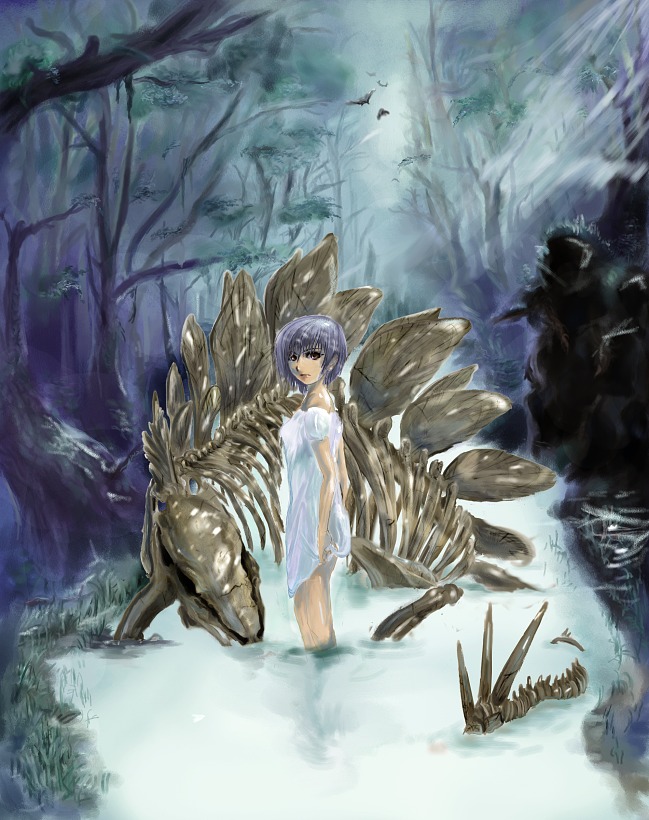 1girl bare_legs dress forest nature pixiv_fantasia purple_hair river shikine_hiroshi short_hair skeleton solo stegosaurus wet white_dress