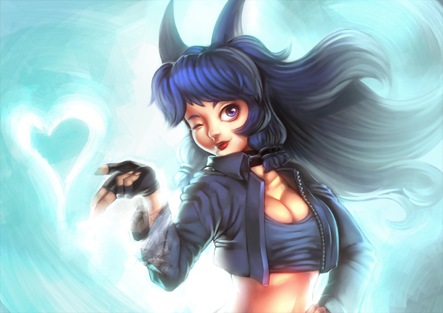 1girl animal_ears blown_kiss blue_eyes blue_hair breasts cleavage collar crop_top cropped_jacket hand_on_hip heart hits koi_drake large_breasts lipstick long_hair makeup midriff original solo wink