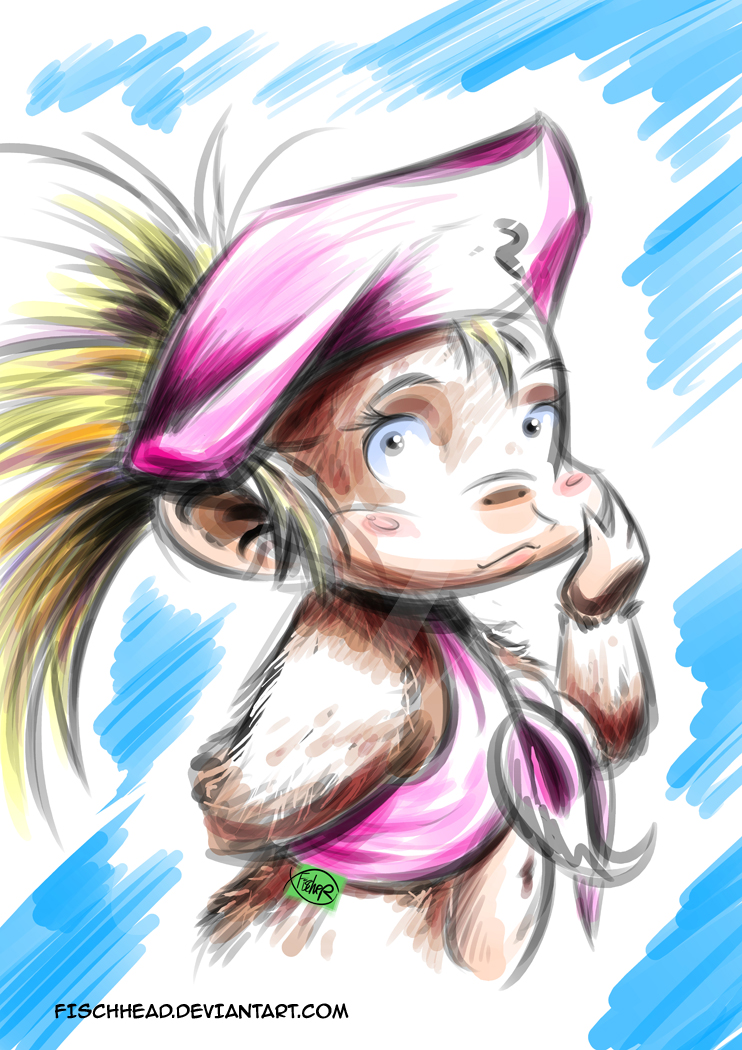 1girl beret blonde_hair chimpanzee dixie_kong donkey_kong_(series) donkey_kong_country donkey_kong_country_2 fisch-head hat long_hair ponytail sketch solo tied_shirt