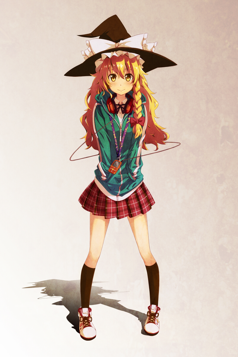 1girl alternate_costume blonde_hair bow braid full_body hands_in_pockets hat hat_bow headphones highres jacket kirisame_marisa long_hair mp3 plaid plaid_skirt pleated_skirt ribbon single_braid skirt smile solo touhou umino_mokuzu witch_hat yellow_eyes