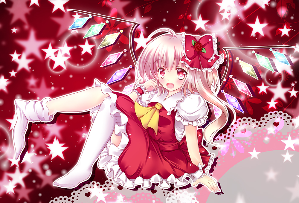 1girl blonde_hair bow dress fang flandre_scarlet flower hair_bow hair_flower hair_ornament hand_in_hair looking_at_viewer no_hat no_headwear no_shoes open_mouth puffy_sleeves red_dress red_eyes red_rose rika-tan_(artist) rose sash shirt short_sleeves side_ponytail sitting smile solo star thigh-highs thighhigh_dangle touhou white_legwear wings wrist_cuffs