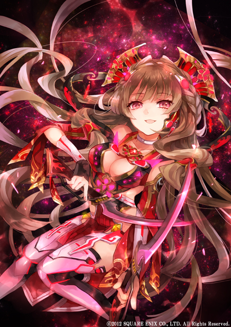 1girl braid breasts brown_hair cleavage dagger dual_wielding earrings fingerless_gloves galaxy_dungeon gloves hair_ornament jewelry long_hair looking_at_viewer open_mouth red_eyes shigaraki_(strobe_blue) smile solo thigh-highs very_long_hair weapon