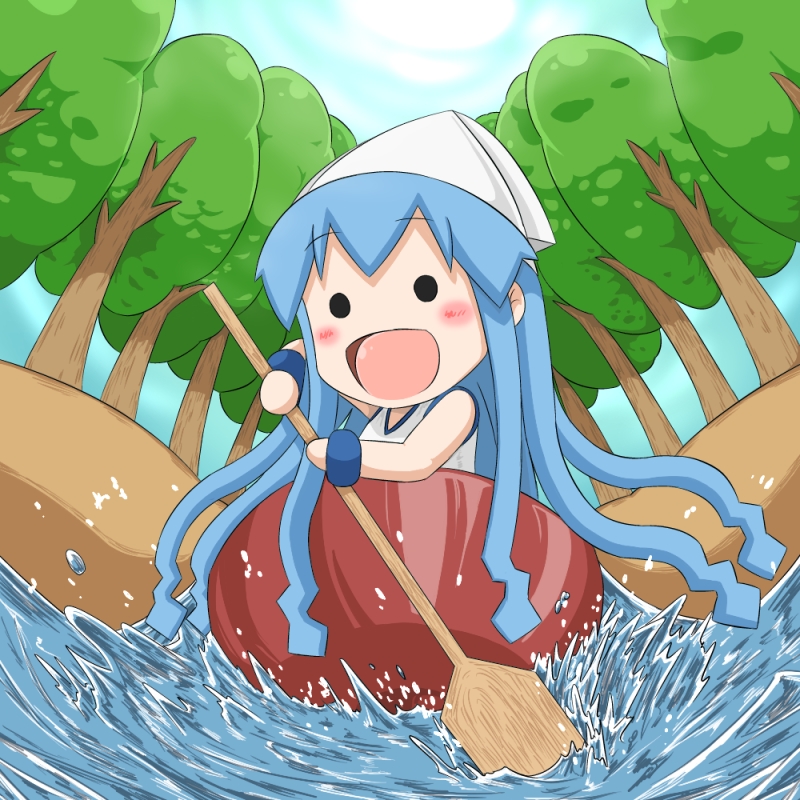 1girl blue_hair boat chibi dress fisheye ikamusume long_hair mihune mini-ikamusume minigirl oar rowing shinryaku!_ikamusume tentacle_hair