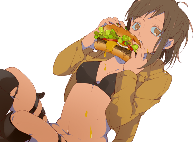 1girl bikini_top brown_eyes brown_hair eating food hamburger jacket mochida64 sasha_browse shingeki_no_kyojin solo thigh_strap