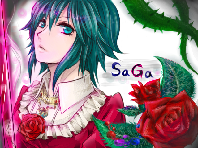 1girl asellus expressionless flower frills green_eyes green_hair ika_syuri red_rose rose saga saga_frontier short_hair solo vines