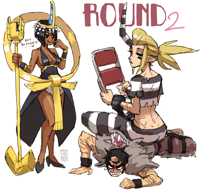 1boy 2girls :q ankh arm_hair bare_shoulders beowulf_(skullgirls) black_dress black_hair bracer breasts cape chair circlet cleavage dark_skin dress eliza_(skullgirls) emlan facial_hair folding_chair giantess green_eyes halterneck height_difference high_heels horn large_breasts looking_down microphone multiple_girls pelt pointy_ears ponytail prison_clothes scar scythana shackle shoes short_hair sideburns sitting sitting_on_person skullgirls suspenders tongue