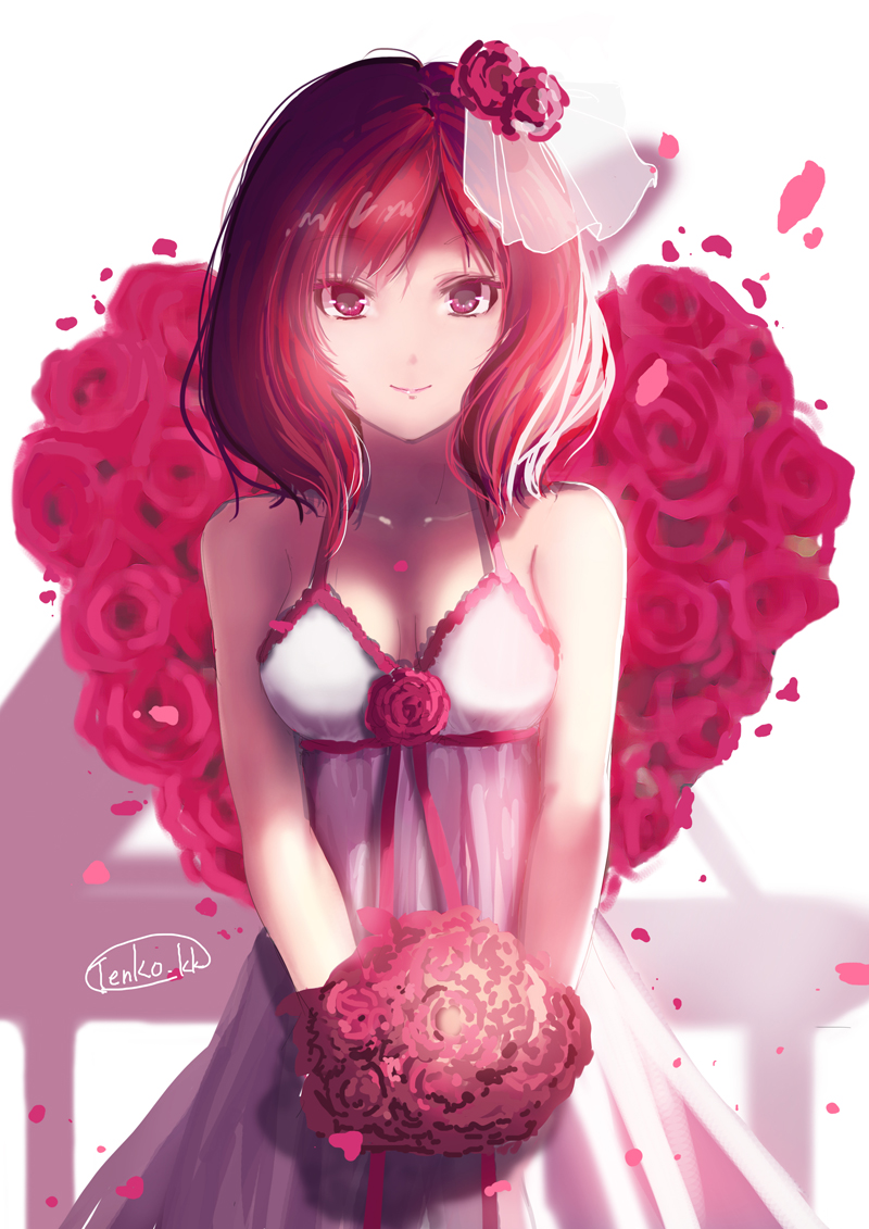 1girl bouquet breasts dress flower hair_flower hair_ornament looking_at_viewer love_live!_school_idol_project nishikino_maki petals red_rose redhead rose short_hair simple_background smile solo tenko violet_eyes