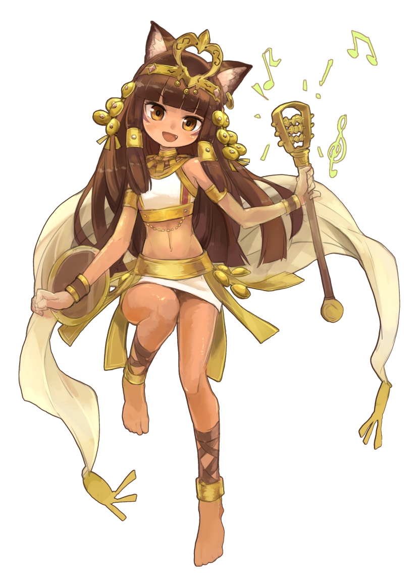 1girl animal_ears ankle_lace-up armlet barefoot bastet_(p&amp;d) bracer brown_eyes brown_hair cat_ears cross-laced_footwear crown dark_skin egyptian fang instrument jewelry long_hair midriff open_mouth puzzle_&amp;_dragons simple_background smile solo tiara yoshimo1516