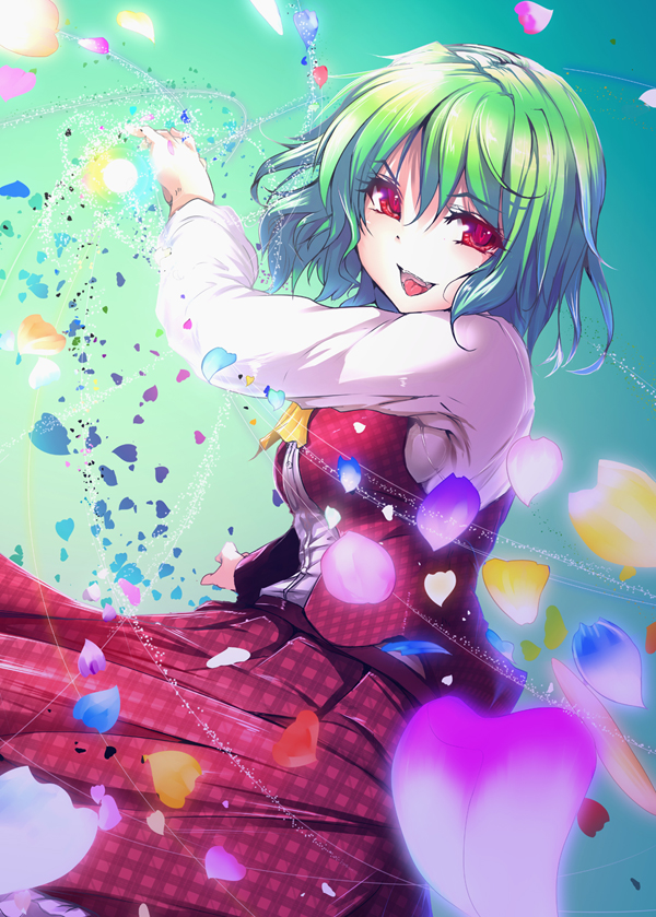 1girl ascot dot_r green_hair kazami_yuuka long_sleeves looking_at_viewer open_mouth open_vest petals red_eyes shirt skirt skirt_set smile solo touhou