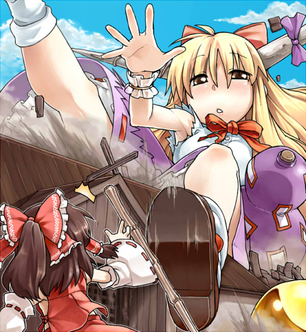 /\/\/\ 2girls blonde_hair blue_sky bow brown_hair clouds detached_sleeves giantess gourd hair_down hair_tubes hakurei_reimu hakurei_shrine horn_ribbon horns ibuki_suika long_sleeves multiple_girls phenne ponytail ribbon shirt skirt skirt_set sky sleeveless sleeveless_shirt surprised touhou wide_sleeves wrist_cuffs yellow_eyes