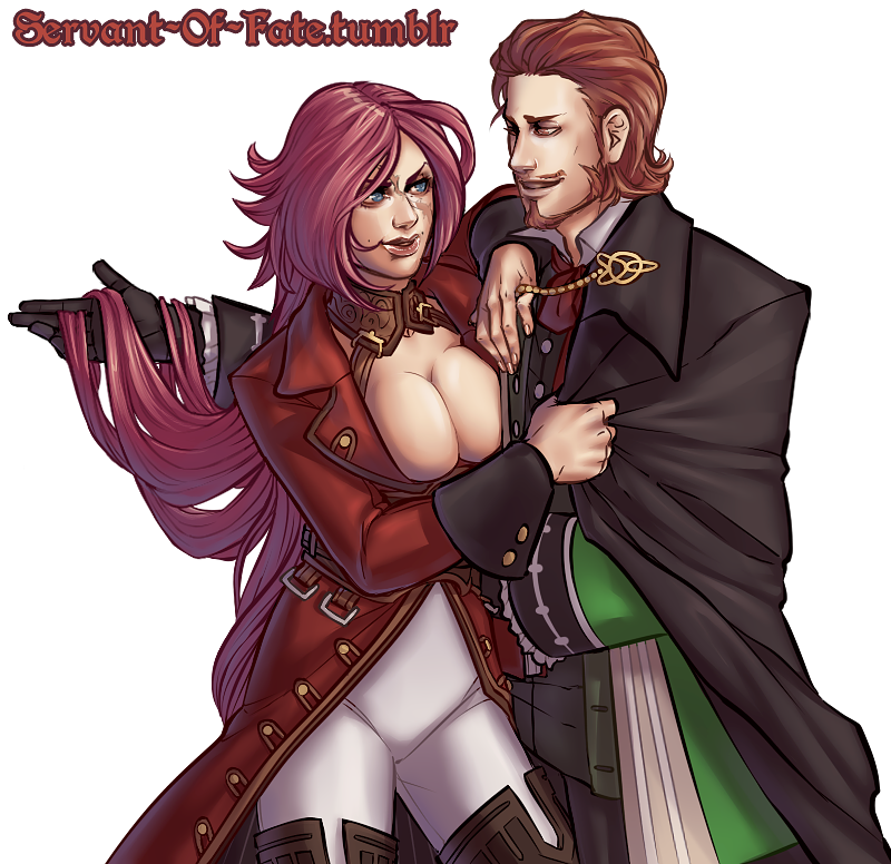 1boy 1girl beard blue_eyes breasts brown_eyes brown_hair caster_of_red cleavage clothes_grab coat facial_hair fate/apocrypha fate/extra fate_(series) gloves hand_in_hair pink_hair renaissance_clothes rider_(fate/extra) scar servant_of_fate smile toggles watermark web_address