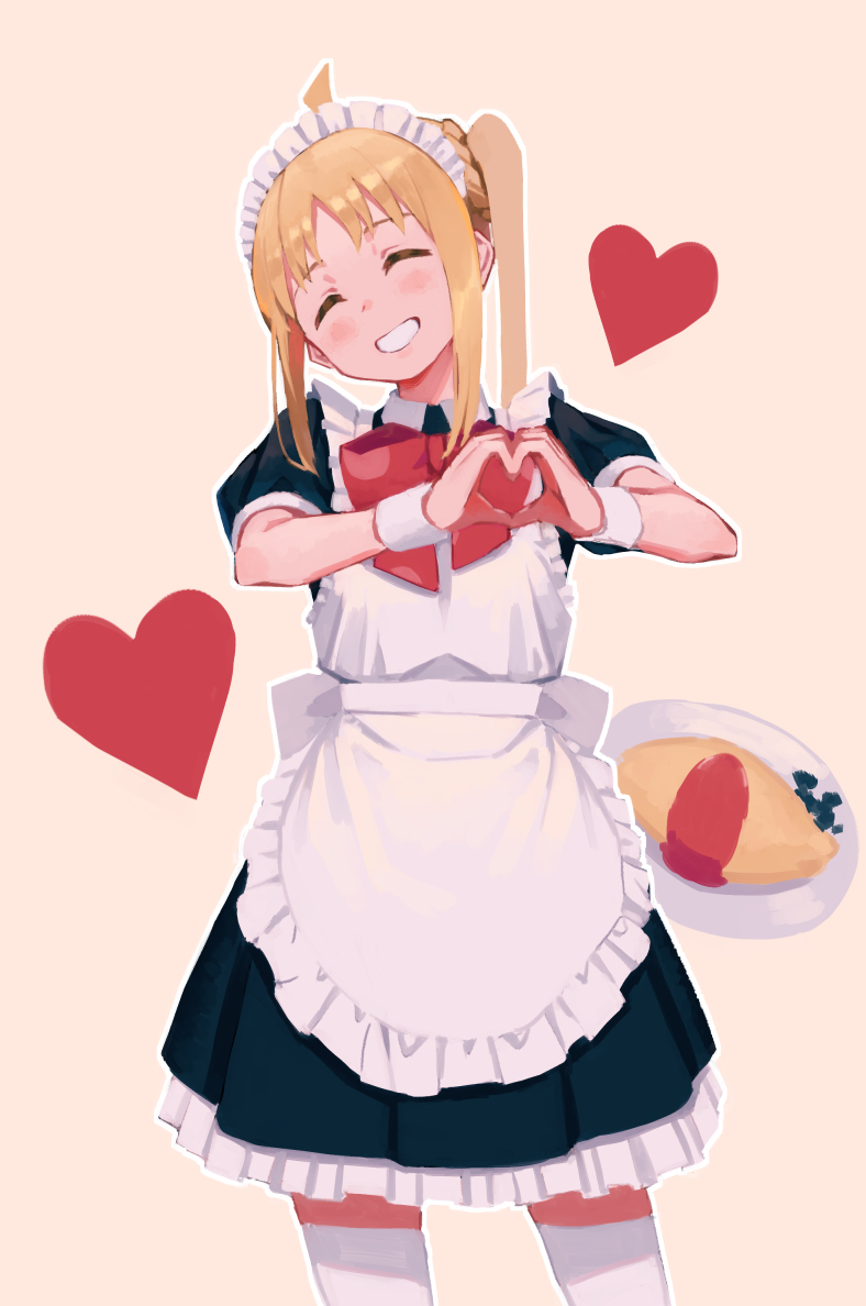 1girl ahoge apron back_bow bangs black_dress blonde_hair bocchi_the_rock! bow bowtie closed_eyes closed_mouth collared_dress commentary_request dress food frills grey_bow hair_between_eyes heart heart_hands ijichi_nijika kazu_no_reason long_hair maid maid_headdress orange_background plate ponytail puffy_short_sleeves puffy_sleeves red_bow red_bowtie short_sleeves side_ponytail sidelocks simple_background smile solo standing teeth thigh-highs white_apron white_thighhighs