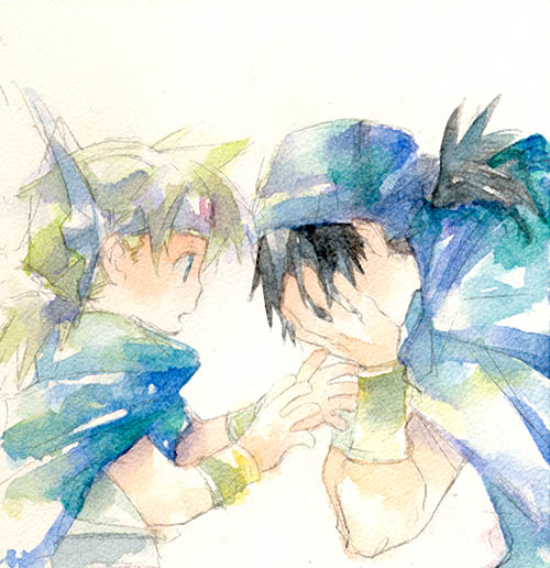 bianca's_son black_hair blonde_hair blue_eyes cape dragon_quest dragon_quest_v face_in_hands father_and_son hero_(dq5) long_hair migii_(tenra_banshou) traditional_media watercolor_(medium)