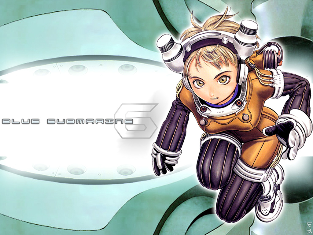 1girl blonde_hair blue_submarine_no_6 bodysuit breasts character_request diving_suit headset murata_renji shoes short_hair solo title_drop wallpaper yellow_eyes