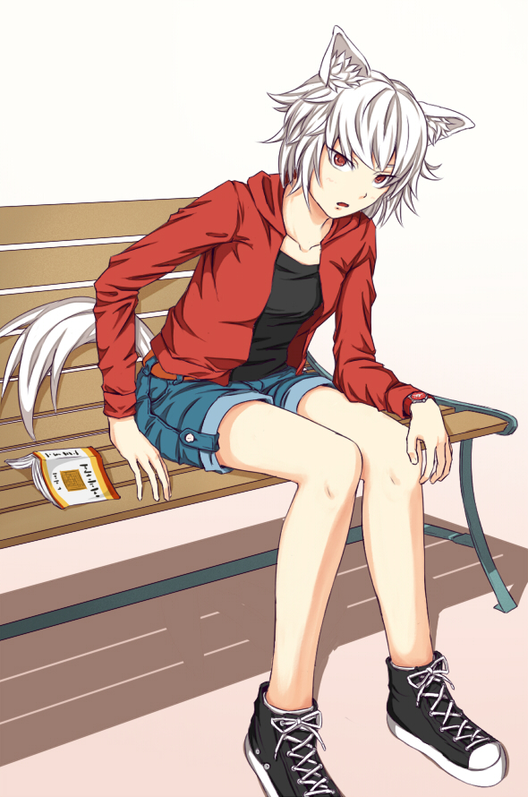 1girl animal_ears bare_legs bench book collarbone contemporary cross-laced_footwear high_tops intirami inubashiri_momiji leaning_forward long_sleeves open_book open_clothes open_shirt parted_lips red_eyes shadow short_hair shorts simple_background solo tail touhou undershirt watch watch white_background white_hair wolf_ears wolf_tail