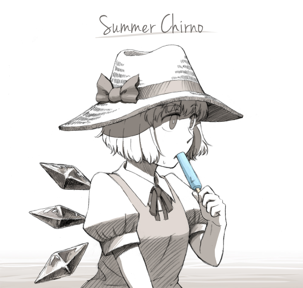 1girl character_name cirno dress eating graphite_(medium) greyscale hat hat_ribbon looking_away maru8_a_go_go monochrome popsicle puffy_short_sleeves puffy_sleeves ribbon short_hair short_sleeves simple_background solo spot_color straw_hat touhou traditional_media white_background wings
