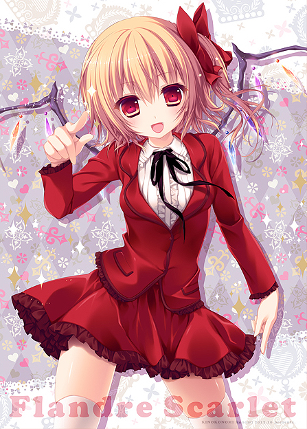 1girl alternate_costume blonde_hair bow flandre_scarlet hair_bow jacket konominoco long_sleeves looking_at_viewer open_mouth red_eyes shirt side_ponytail skirt smile solo touhou wings