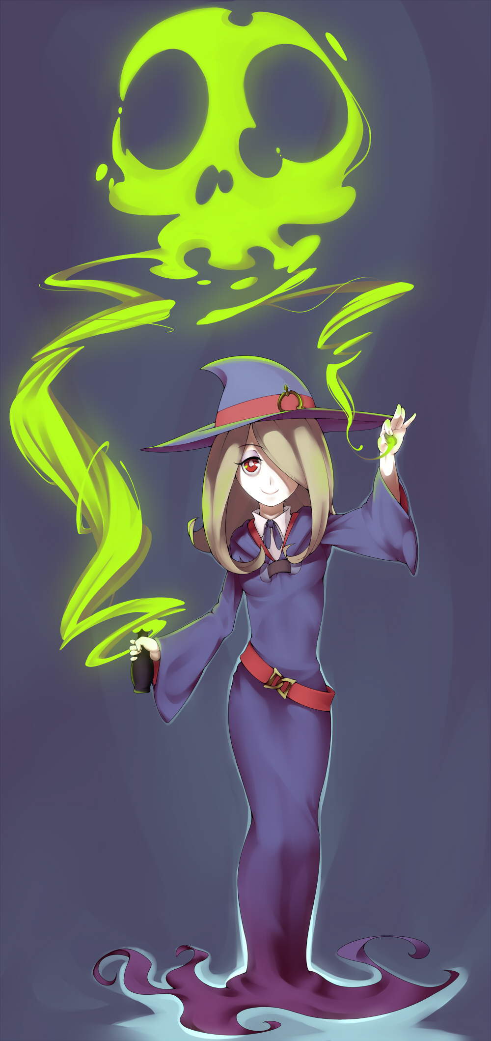 1girl arantheus blonde_hair bottle hair_over_one_eye hat highres little_witch_academia looking_at_viewer red_eyes smile solo sucy_manbabalan witch_hat