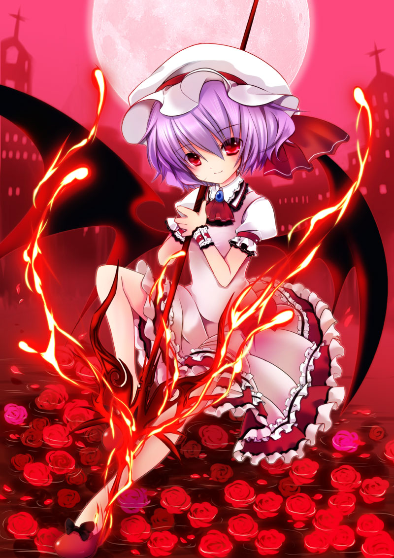 1girl ascot bat_wings brooch building cross fire flower frills full_moon hat hat_ribbon ichiru_(artist) jewelry knee_up lavender_hair looking_at_viewer mob_cap moon red_background red_eyes red_moon remilia_scarlet ribbon rose short_hair smile solo spear_the_gungnir touhou water wings wrist_cuffs