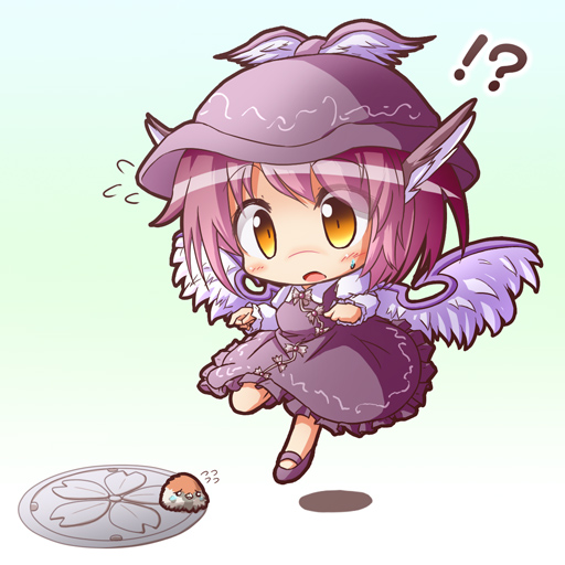 ! 1girl ? chibi crying flying frills gradient gradient_background gradient_hair hat head_wings manhole multicolored_hair mystia_lorelei purple_hair ryogo shadow short_hair skirt tears touhou wings yellow_eyes