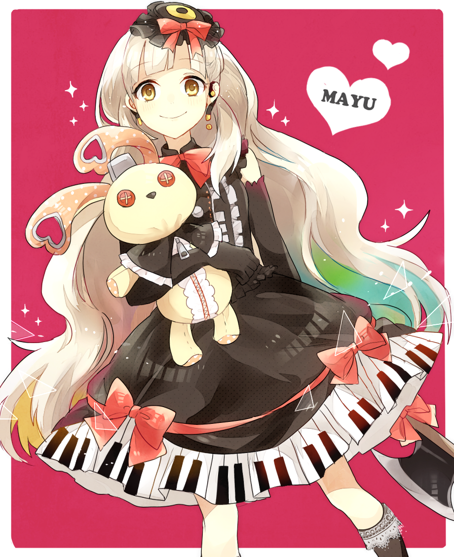 1girl axe blonde_hair bow doll dress elbow_gloves gloves hair_ornament heart kneehighs lolita_fashion long_hair looking_at_viewer mayu_(vocaloid) piano_print ribbon smile stuffed_animal stuffed_toy vocaloid weapon wrt_(arpaca) yellow_eyes