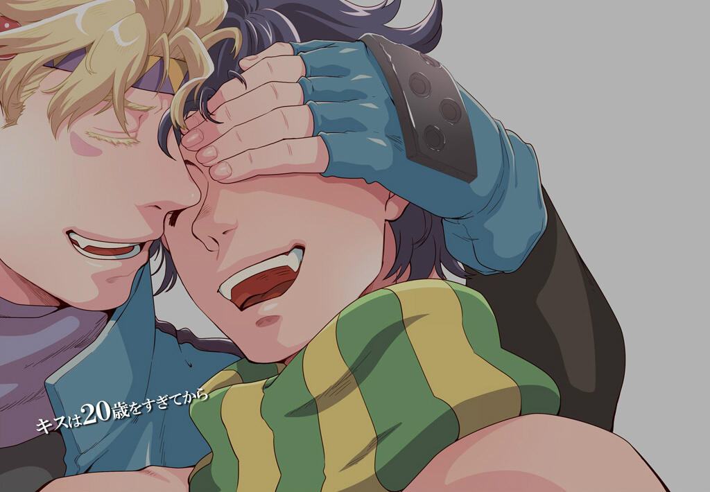 2boys black_hair blonde_hair caesar_anthonio_zeppeli facial_mark fingerless_gloves gloves jojo_no_kimyou_na_bouken joseph_joestar_(young) laughing multiple_boys scarf striped striped_scarf yumiya