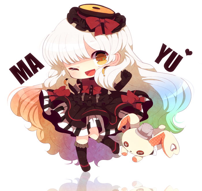 1girl :p ;) chibi doll dress elbow_gloves gloves gradient_hair haru431 long_hair mayu_(vocaloid) multicolored_hair piano_print tongue vocaloid wink yellow_eyes