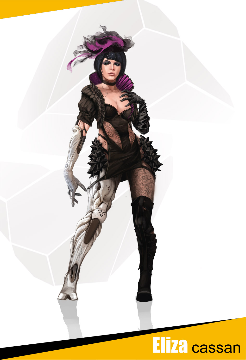 1girl android bob_cut boots breasts character_name choker cleavage deus_ex deus_ex:_human_revolution eliza_cassan eyeliner eyeshadow frills green_eyes headdress highres lace lips makeup mechanical_arm muju robot_joints short_hair single_elbow_glove single_glove solo thigh-highs thigh_boots