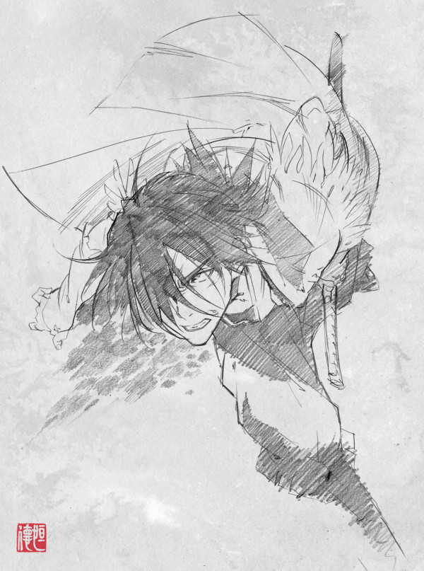 1boy black_hair graphite_(medium) monochrome nanashi_(stranger) running solo stranger_mukou_hadan sword traditional_media weapon xi-tsune