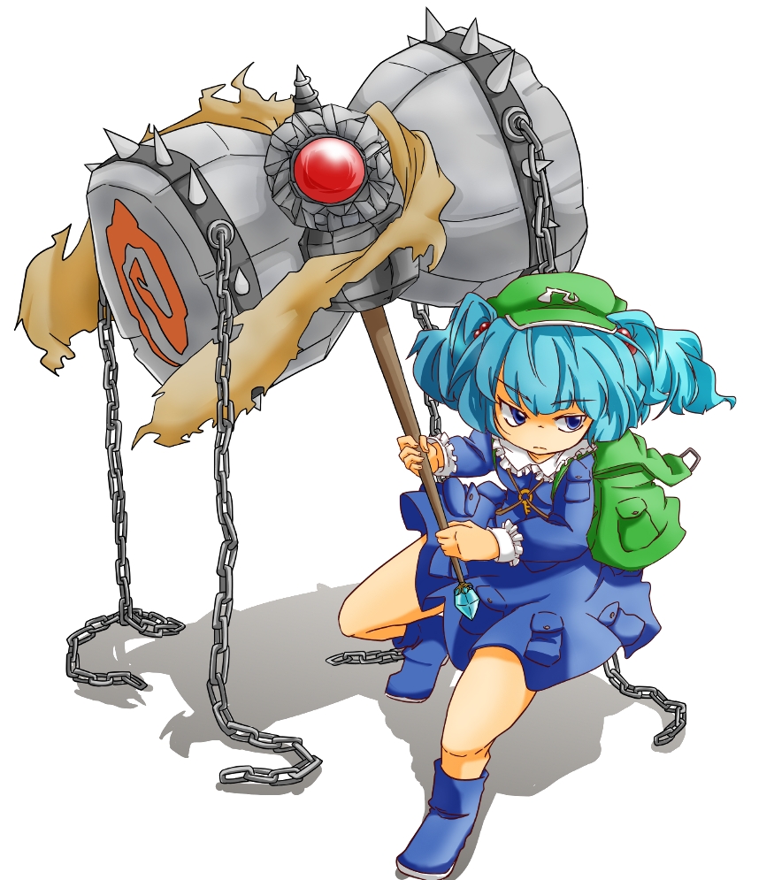 1girl aa_nin backpack bag blue_eyes blue_hair boots chain dress frown gem hair_bobbles hair_ornament hat kawashiro_nitori key long_sleeves looking_away shadow short_hair simple_background sledgehammer solo spikes strap touhou twintails weapon white_background