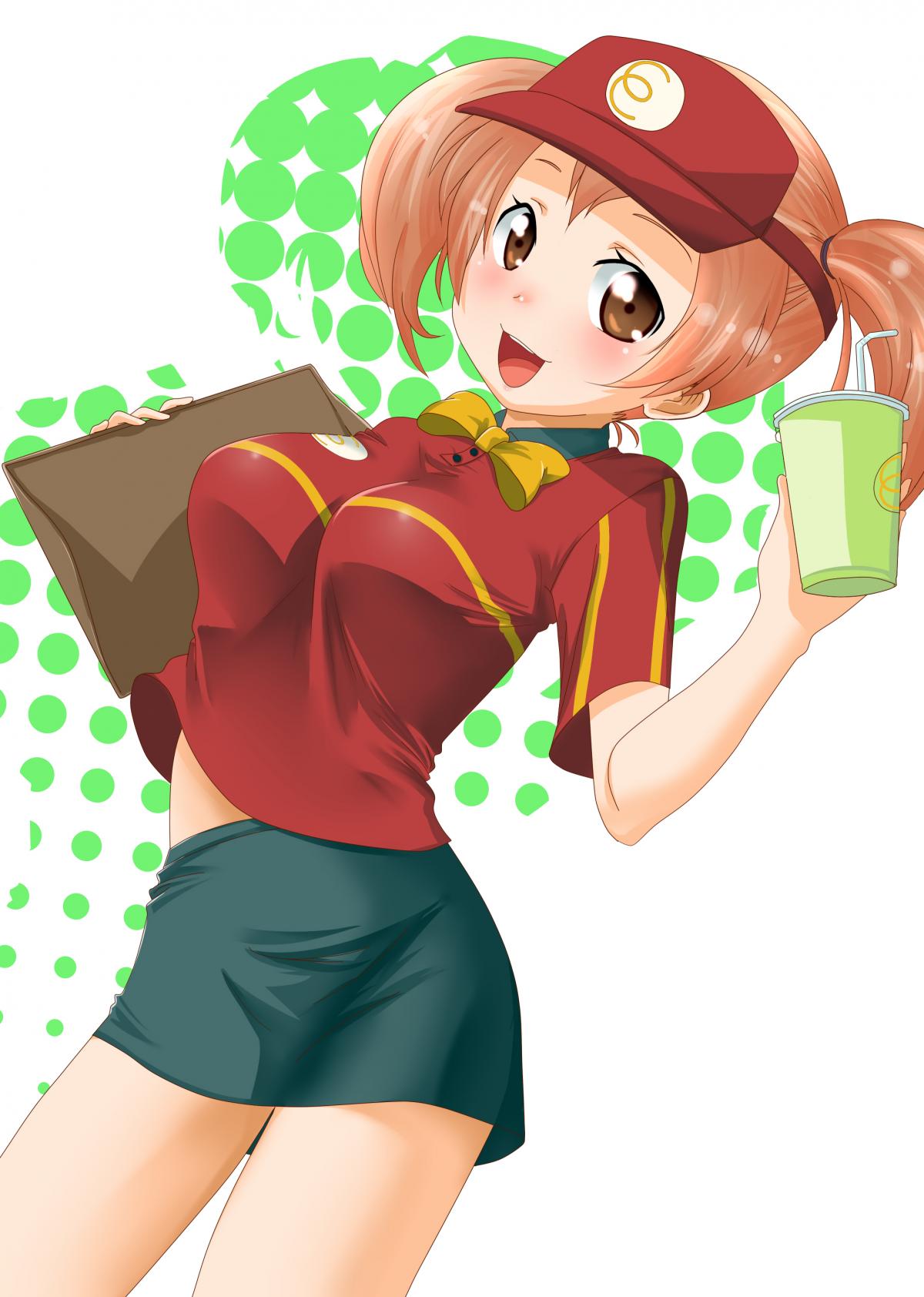 1girl bowtie breasts brown_eyes brown_hair drink hataraku_maou-sama! highres impossible_clothes impossible_shirt large_breasts mcdonald's miniskirt ryuc4883 sasaki_chiho short_twintails skirt smile solo t-shirt tray twintails uniform visor_cap
