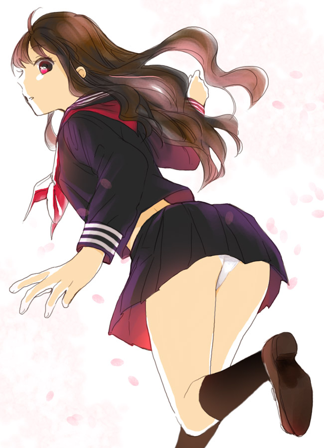 1girl brown_eyes brown_hair f-tani fate/extra fate/extra_ccc fate_(series) female female_protagonist_(fate/extra) long_hair panties pantyshot school_uniform serafuku solo underwear white_panties