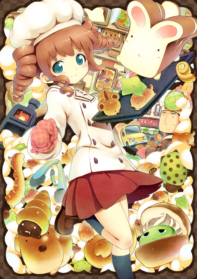 1boy 1girl :&lt; aikei_ake bakery blue_eyes blush bread brown_hair chef_hat chocolate_cornet drill_hair food hat loafers original oven_mitts ringlets rolling_pin shoes shop skirt smile standing_on_one_leg themed_object thigh-highs twin_drills