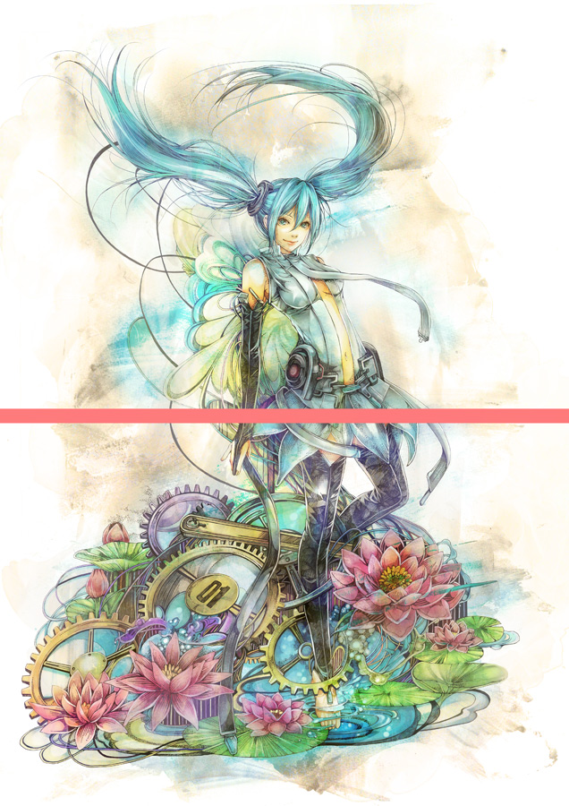 1girl aqua_hair bridal_gauntlets center_opening floating_hair flower gears hatsune_miku lily_pad long_hair miku_append navel necktie sakiya_(bas-web) solo thigh-highs twintails vocaloid vocaloid_append
