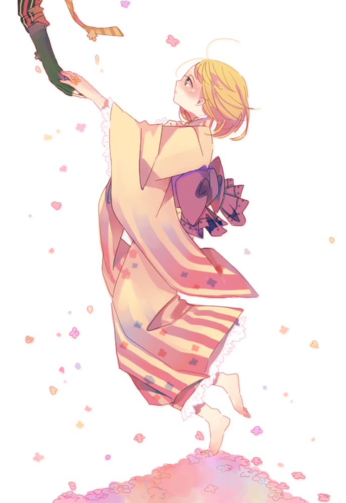 1boy 1girl amaimon ao_no_exorcist artist_request barefoot blonde_hair bob_cut flower holding_hands japanese_clothes kimono moriyama_shiemi petals short_hair tiptoes