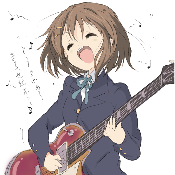 1girl brown_eyes closed_eyes core_(mayomayo) guitar hirasawa_yui instrument k-on! school_uniform short_hair