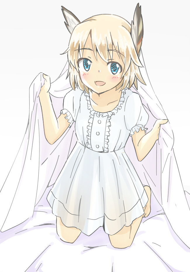 1girl animal_ears bed_sheet blonde_hair blue_eyes hatopo_(beach7pijon) head_wings looking_at_viewer nightgown raisa_pottgen short_hair smile solo strike_witches under_covers
