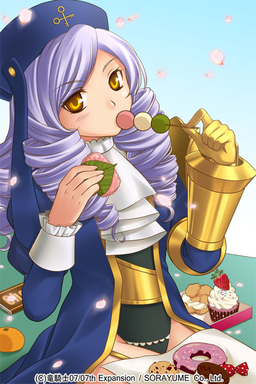 1girl chocolate cookie cream_puff cupcake dango dlanor_a_knox doughnut drill_hair eating eiserne_jungfrau food fruit izumi_natsuka kashiwa_mochi_(food) mandarin_orange petals purple_hair seiza sitting umineko_no_naku_koro_ni wagashi yellow_eyes