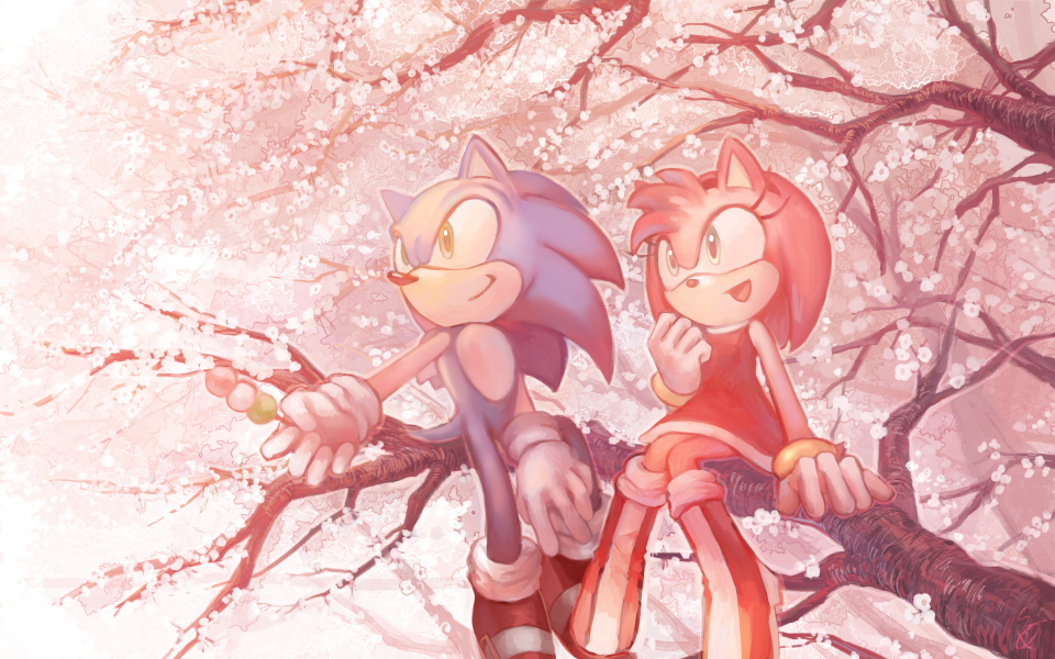 1boy 1girl amy_rose cherry_blossoms dango food gloves green_eyes momo_alto sitting sonic sonic_the_hedgehog wagashi