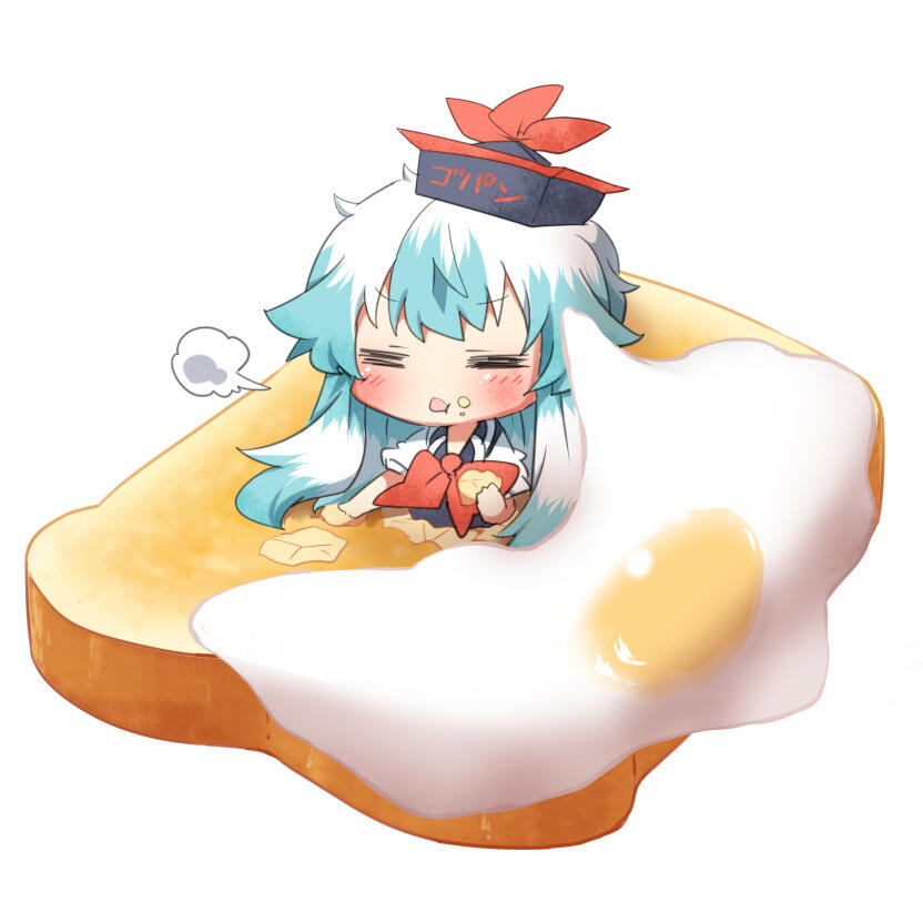 1girl blue_hair blush bread closed_eyes eating egg food hat kamishirasawa_keine long_hair open_mouth rebecca_(keinelove) touhou