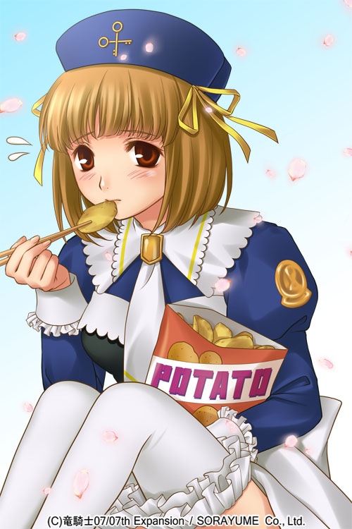 1girl blush brown_hair chopsticks cornelia_(umineko) eating eiserne_jungfrau flying_sweatdrops hair_ribbon izumi_natsuka nervous petals potato_chips red_eyes ribbon sitting thigh-highs umineko_no_naku_koro_ni white_legwear