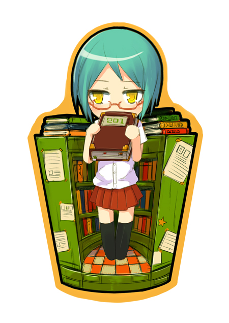 1girl blue_hair book chibi faux_figurine glasses ico_(green_bullet) original short_hair simple_background skirt solo white_background yellow_eyes
