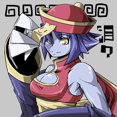 1girl blue_hair blue_skin breasts chinese_clothes cleavage cleavage_cutout hat jiangshi kni-droid large_breasts lei_lei lowres ofuda short_hair smile solo vampire_(game) yellow_eyes