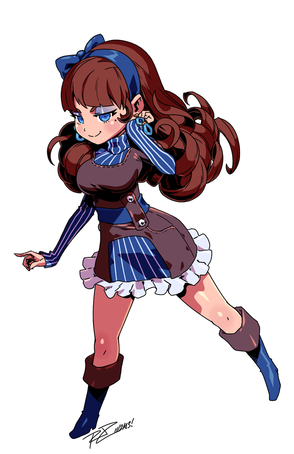 1girl bliss_barson blue_eyes boots bow breasts brown_hair cryamore dress eyeshadow hair_bow hairband highres large_breasts long_hair makeup mole parody pinstripe_pattern robaato sekaiju_no_meikyuu signature smile solo style_parody turtleneck vertical_stripes