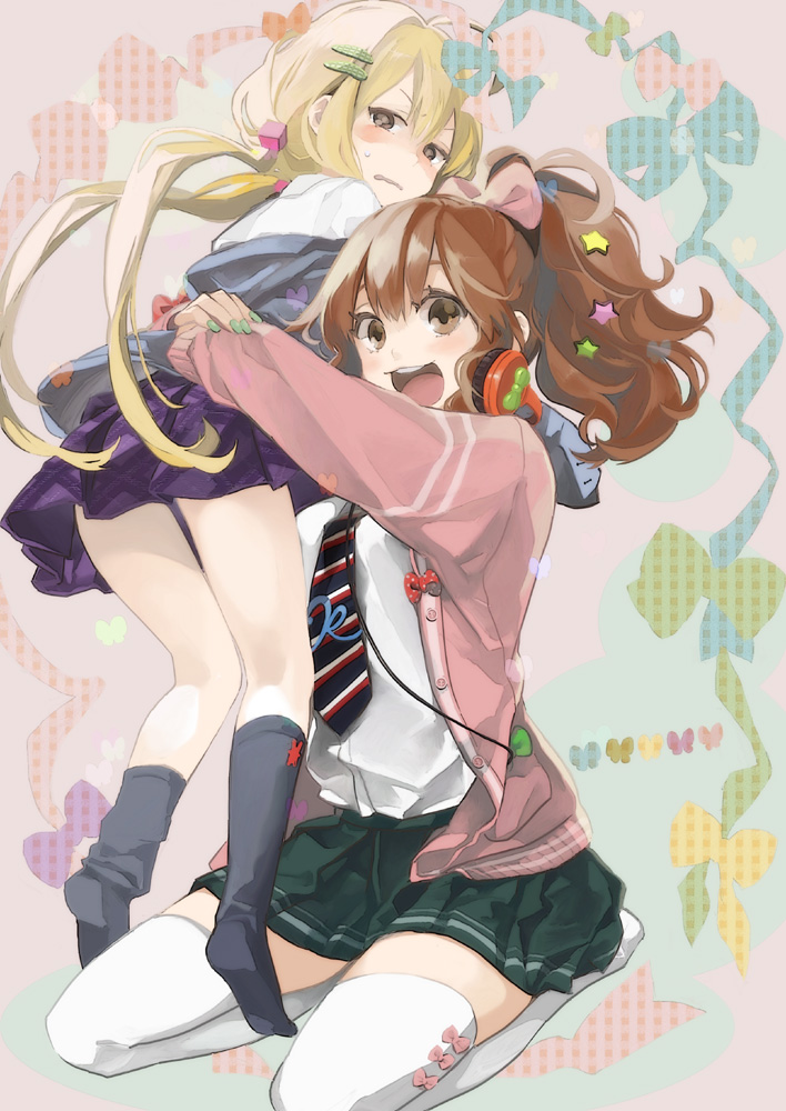 :d bike_shorts blonde_hair brown_eyes brown_hair cable frown futaba_anzu hair_ornament hairclip hakui_(kotori1000) headphones holding idolmaster idolmaster_cinderella_girls moroboshi_kirari nail_polish necktie open_mouth skirt smile socks striped striped_bike_shorts t-shirt thigh-highs twintails