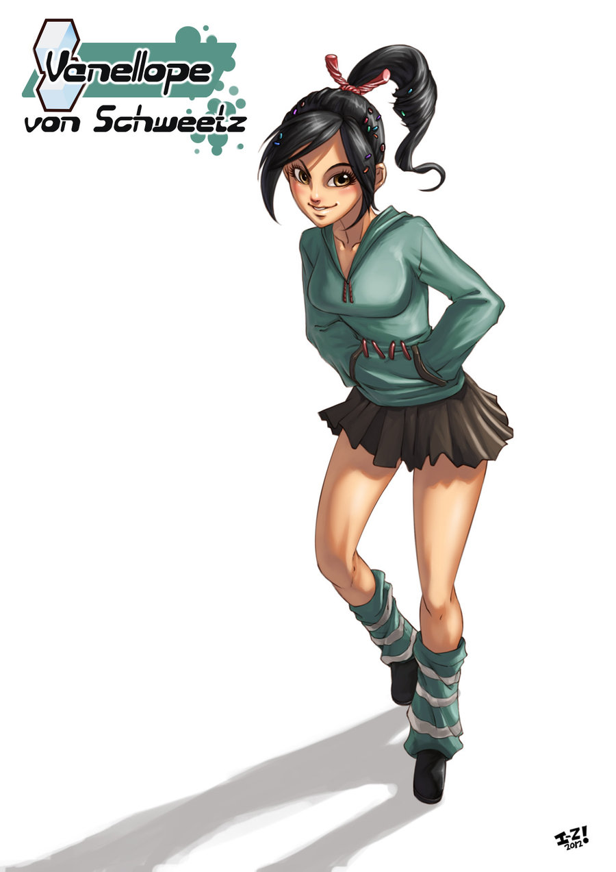 1girl black_hair breasts brown_eyes candy candy_cane character_name hands_in_pockets highres hoodie irving-zero leg_warmers long_hair miniskirt ponytail skirt smile solo striped striped_legwear thighs vanellope_von_schweetz wreck-it_ralph