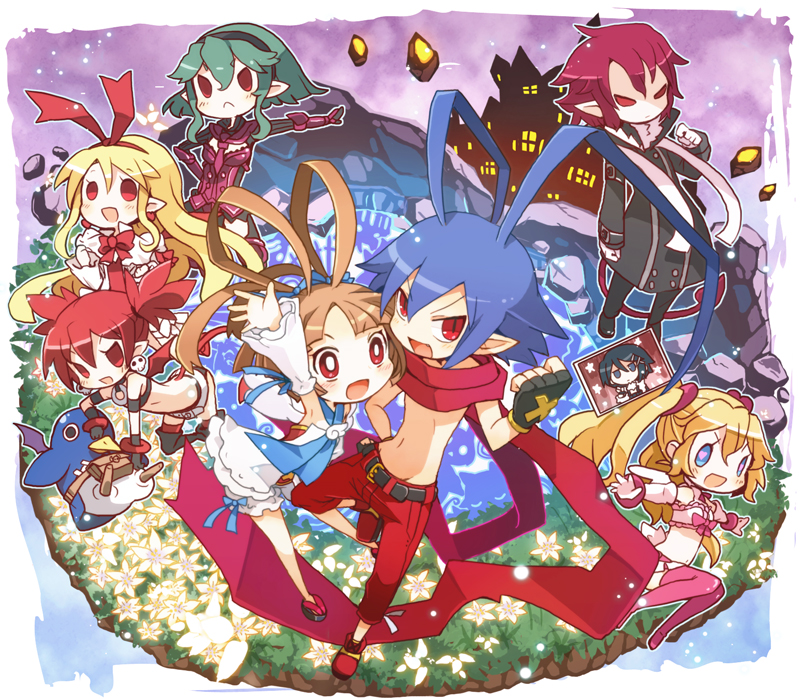 2boys 6+girls angel_wings antenna_hair armor asagiri_asagi barbara_(disgaea) belt blonde_hair blue_eyes bosutafu bow brown_hair capelet castle choker clenched_hands demon_tail demon_wings disgaea disgaea_d2 earrings etna fang fingerless_gloves flonne flonne_(fallen_angel) flower frills gloves green_hair heart heart-shaped_pupils jewelry laharl long_hair long_sleeves magical_girl mound_of_venus multiple_boys multiple_girls navel necktie open_mouth outstretched_arms petals pink_legwear pointy_ears pouch prinny red_eyes redhead scarf short_hair short_shorts shorts sicily skull slit_pupils symbol-shaped_pupils tail thigh-highs twintails very_long_hair wings xenolith