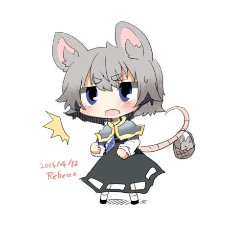 1girl animal_ears basket blue_eyes blush chibi grey_hair jewelry lowres mouse mouse_ears mouse_tail nazrin open_mouth pendant rebecca_(keinelove) short_hair tail touhou