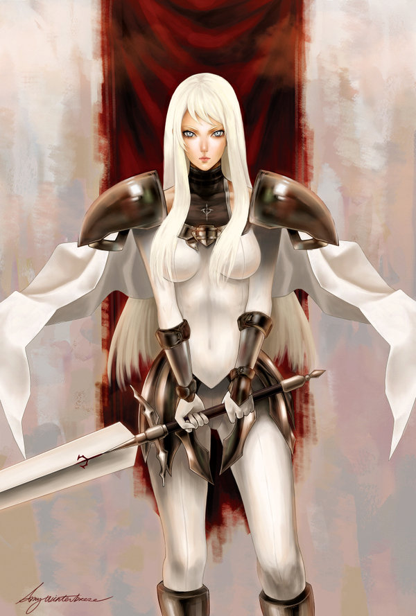 1girl amy_winterbreeze armor blonde_hair blue_eyes breasts cape claymore claymore_(sword) faulds galatea lips long_hair pauldrons solo sword vambraces weapon
