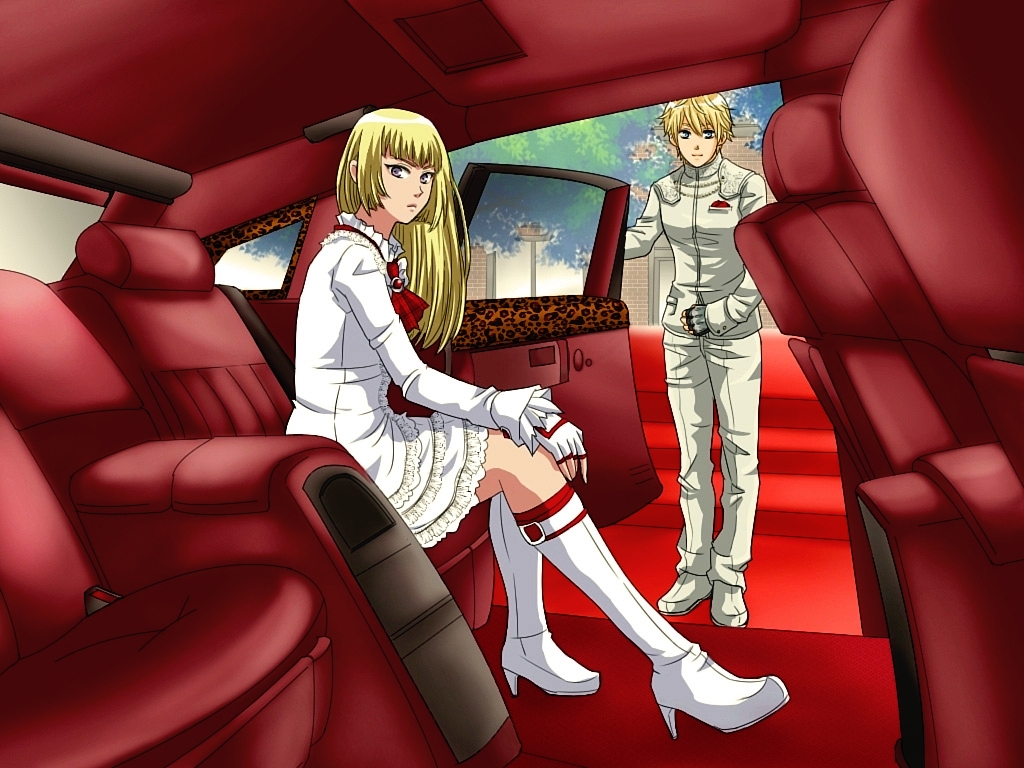 2girls ahoge androgynous blonde_hair blue_eyes boots car car_interior dress eleonore_kliesen emilie_de_rochefort fingerless_gloves gloves high_heels leo_kliesen limousine long_hair looking_at_viewer motor_vehicle multiple_girls namco popon_ta reverse_trap shoes short_hair smile tekken tekken_tag_tournament_2 vehicle white_dress